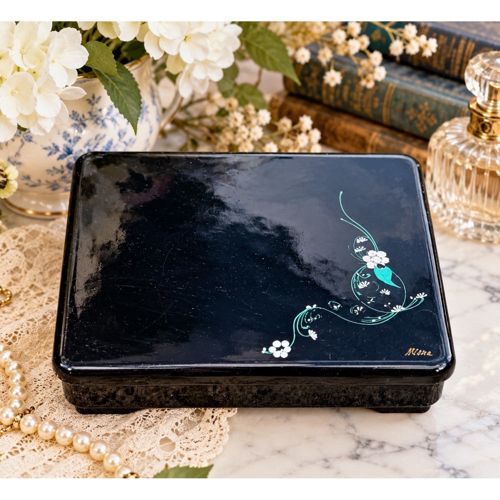 Vintage Pavlova Paris Hand Painted Black Lacquer Box Signed Nina Floral Vanity - Picture 1 of 13